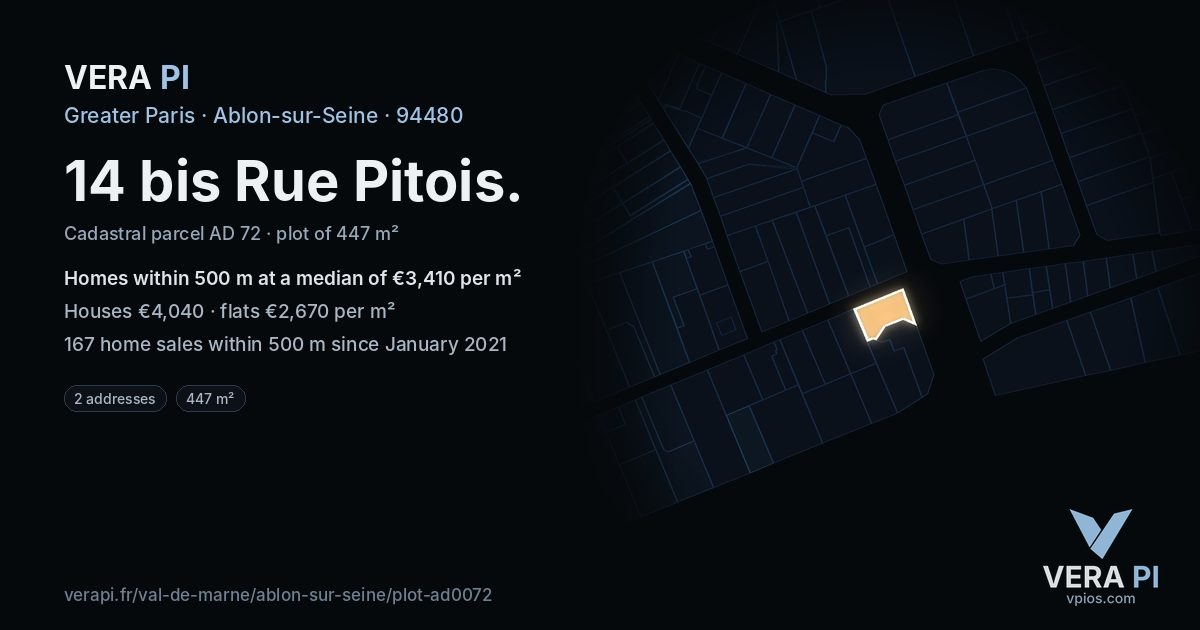 14 bis Rue Pitois, Ablon-sur-Seine at night – the plot lit, the parcels around coloured by the prices near them