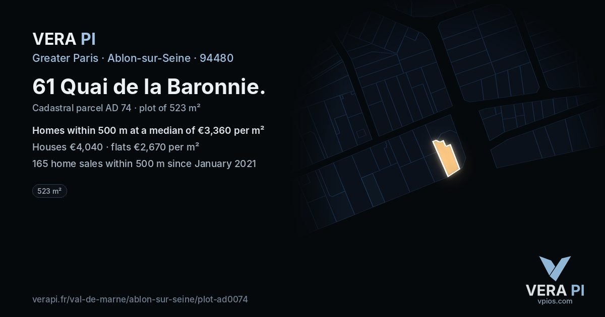 61 Quai de la Baronnie, Ablon-sur-Seine at night – the plot lit, the parcels around coloured by the prices near them