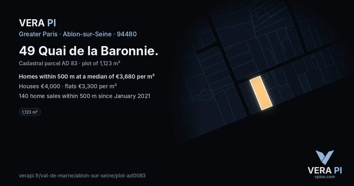 49 Quai de la Baronnie, Ablon-sur-Seine at night – the plot lit, the parcels around coloured by the prices near them