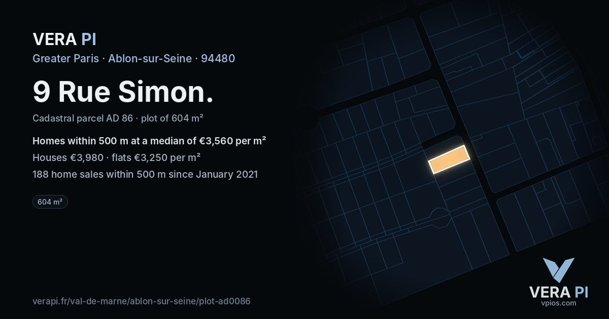 9 Rue Simon, Ablon-sur-Seine at night – the plot lit, the parcels around coloured by the prices near them