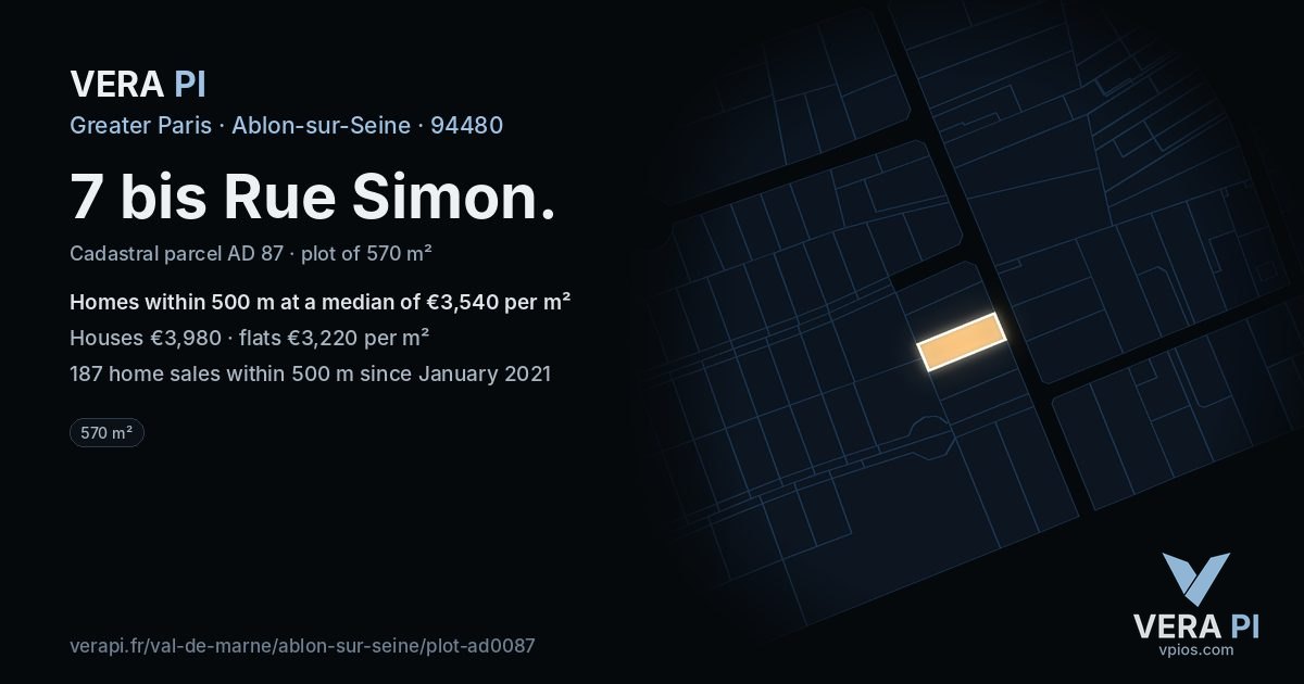 7 bis Rue Simon, Ablon-sur-Seine at night – the plot lit, the parcels around coloured by the prices near them