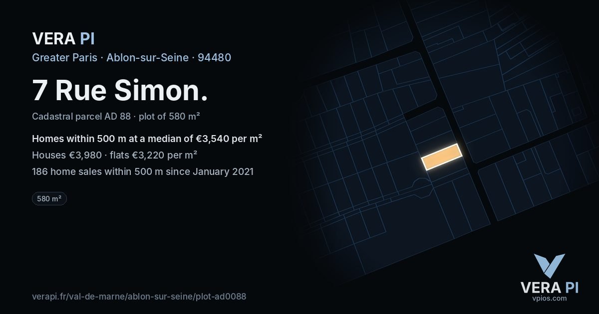 7 Rue Simon, Ablon-sur-Seine at night – the plot lit, the parcels around coloured by the prices near them