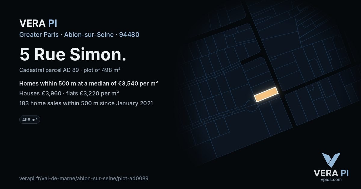 5 Rue Simon, Ablon-sur-Seine at night – the plot lit, the parcels around coloured by the prices near them