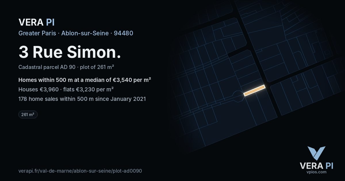 3 Rue Simon, Ablon-sur-Seine at night – the plot lit, the parcels around coloured by the prices near them