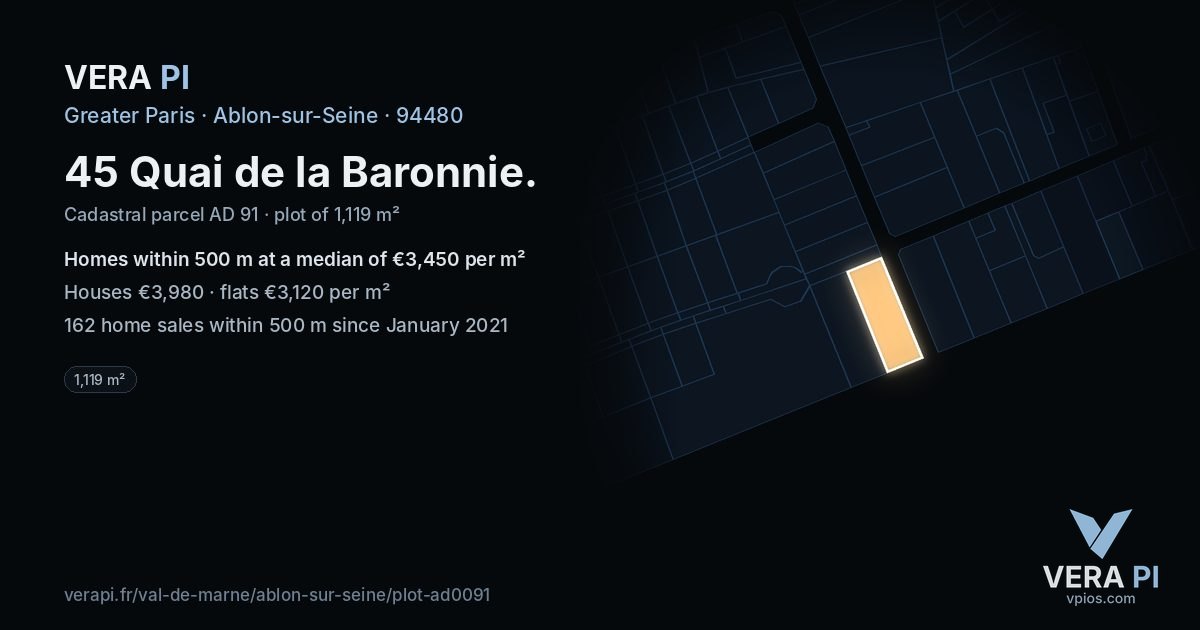 45 Quai de la Baronnie, Ablon-sur-Seine at night – the plot lit, the parcels around coloured by the prices near them