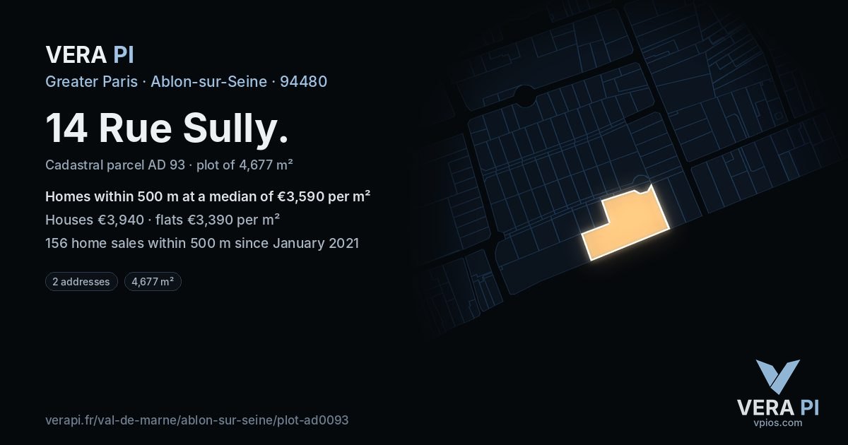 14 Rue Sully, Ablon-sur-Seine at night – the plot lit, the parcels around coloured by the prices near them