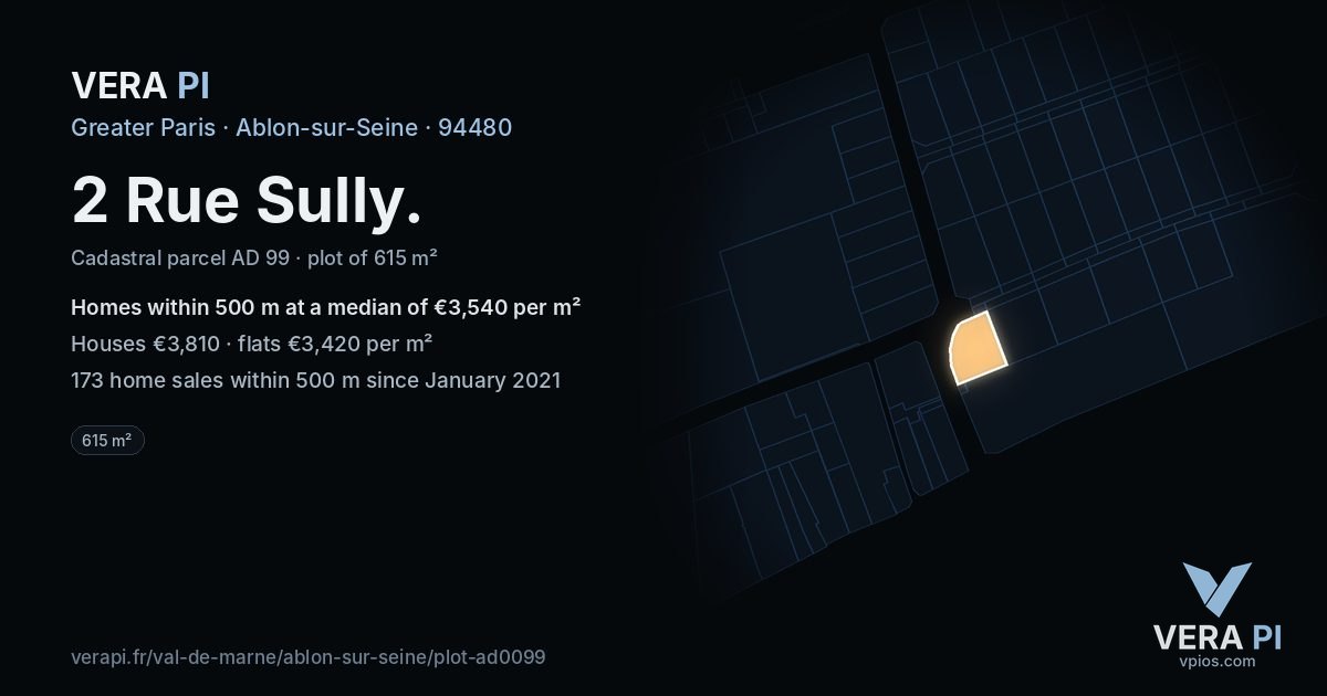 2 Rue Sully, Ablon-sur-Seine at night – the plot lit, the parcels around coloured by the prices near them
