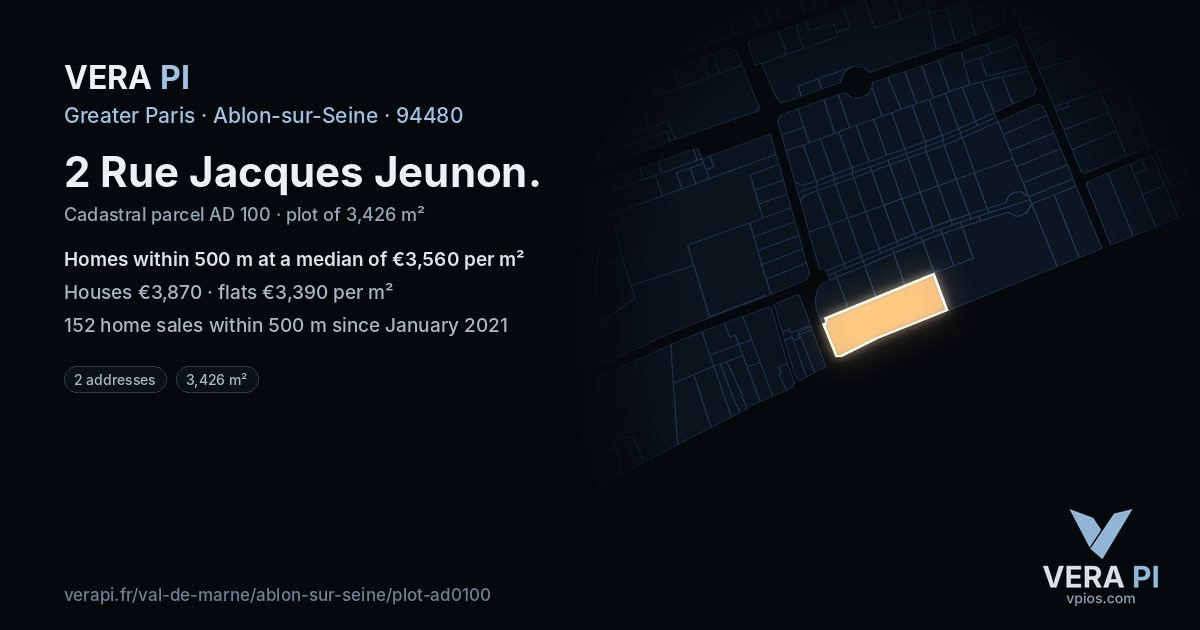 2 Rue Jacques Jeunon, Ablon-sur-Seine at night – the plot lit, the parcels around coloured by the prices near them