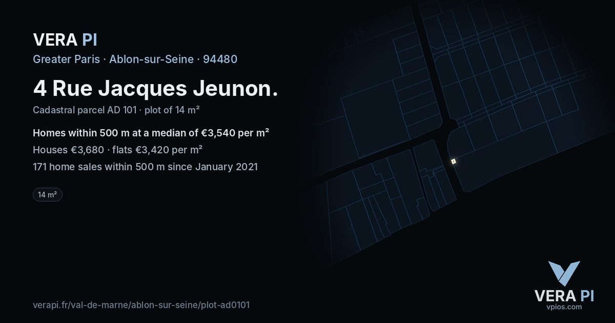 4 Rue Jacques Jeunon, Ablon-sur-Seine at night – the plot lit, the parcels around coloured by the prices near them