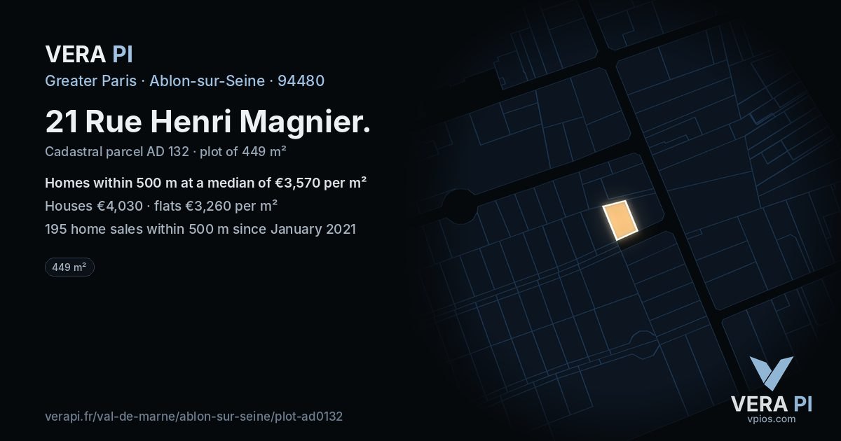 21 Rue Henri Magnier, Ablon-sur-Seine at night – the plot lit, the parcels around coloured by the prices near them