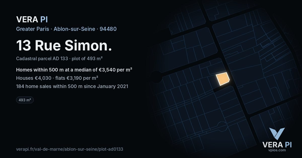 13 Rue Simon, Ablon-sur-Seine at night – the plot lit, the parcels around coloured by the prices near them