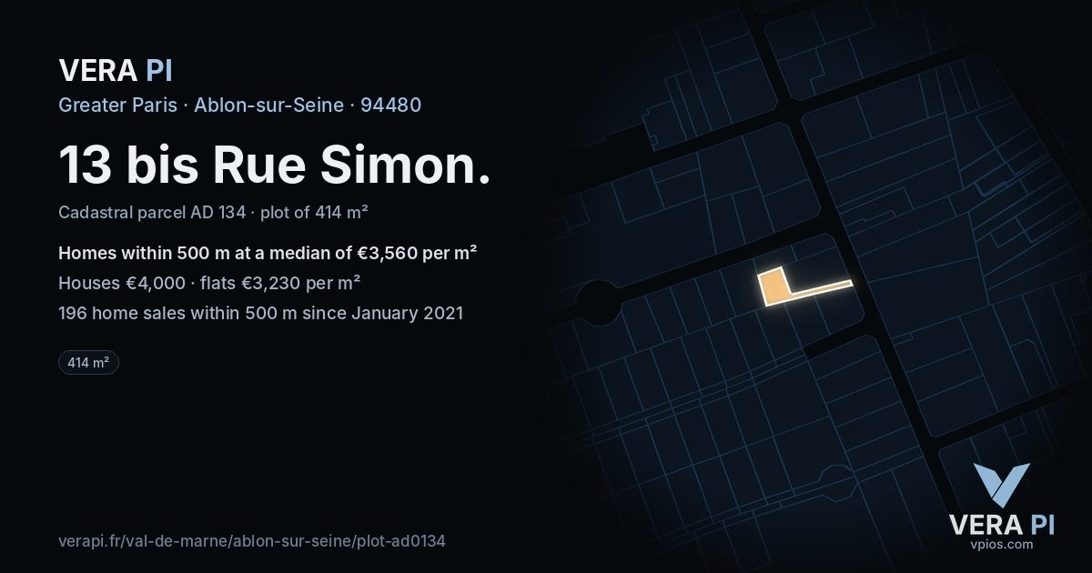 13 bis Rue Simon, Ablon-sur-Seine at night – the plot lit, the parcels around coloured by the prices near them