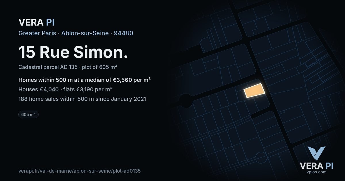 15 Rue Simon, Ablon-sur-Seine at night – the plot lit, the parcels around coloured by the prices near them