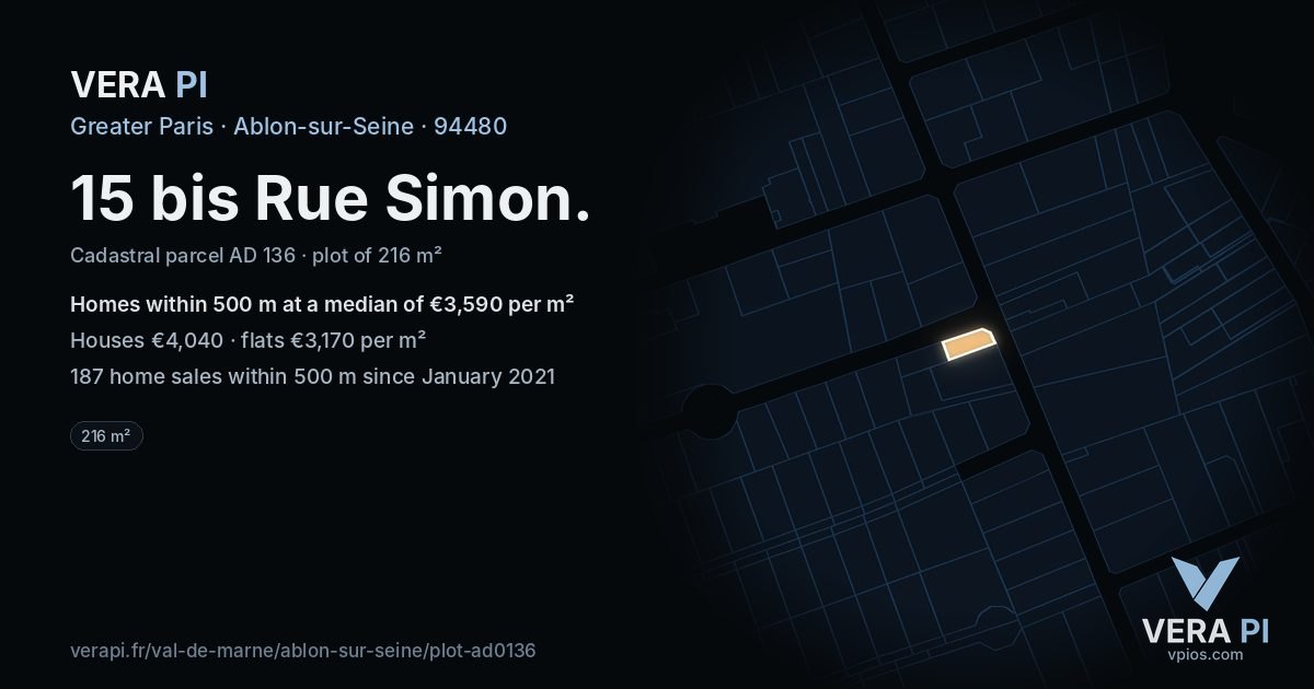15 bis Rue Simon, Ablon-sur-Seine at night – the plot lit, the parcels around coloured by the prices near them