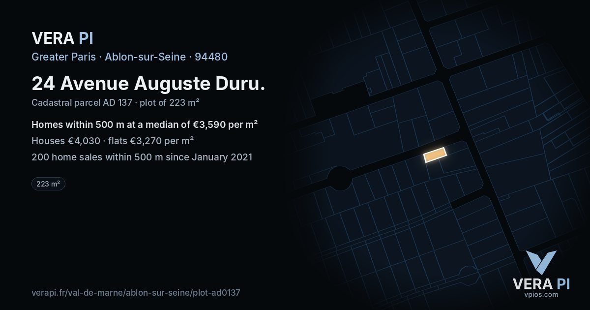 24 Avenue Auguste Duru, Ablon-sur-Seine at night – the plot lit, the parcels around coloured by the prices near them