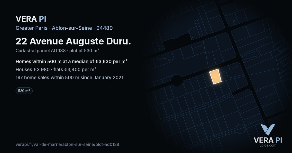22 Avenue Auguste Duru, Ablon-sur-Seine at night – the plot lit, the parcels around coloured by the prices near them
