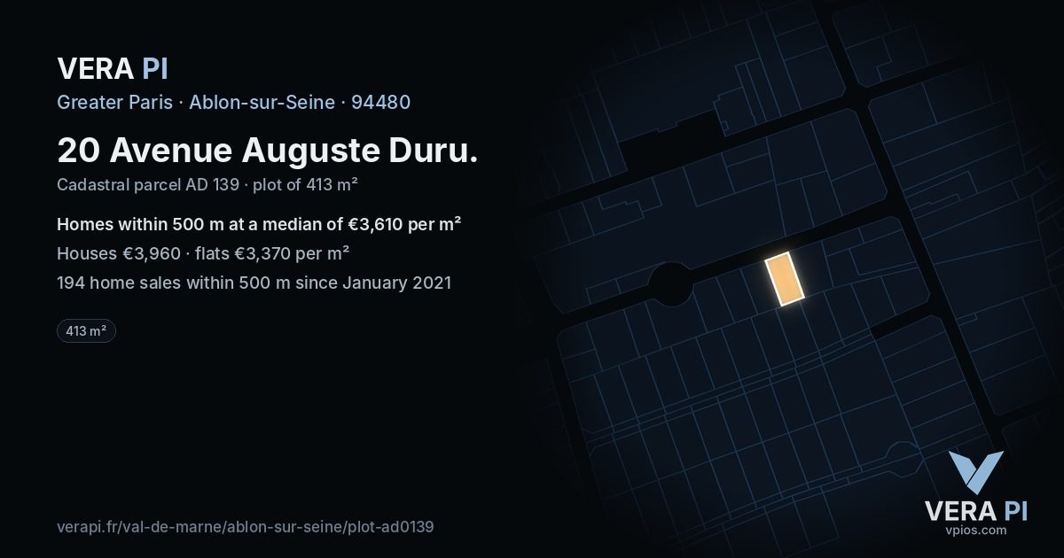 20 Avenue Auguste Duru, Ablon-sur-Seine at night – the plot lit, the parcels around coloured by the prices near them