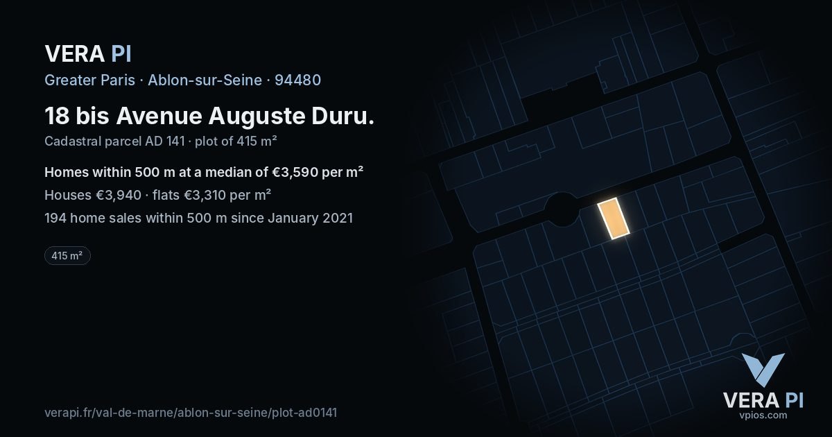 18 bis Avenue Auguste Duru, Ablon-sur-Seine at night – the plot lit, the parcels around coloured by the prices near them