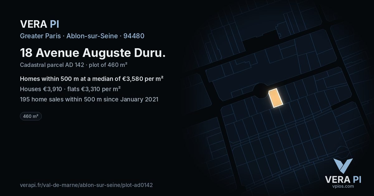 18 Avenue Auguste Duru, Ablon-sur-Seine at night – the plot lit, the parcels around coloured by the prices near them