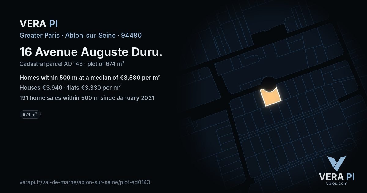 16 Avenue Auguste Duru, Ablon-sur-Seine at night – the plot lit, the parcels around coloured by the prices near them