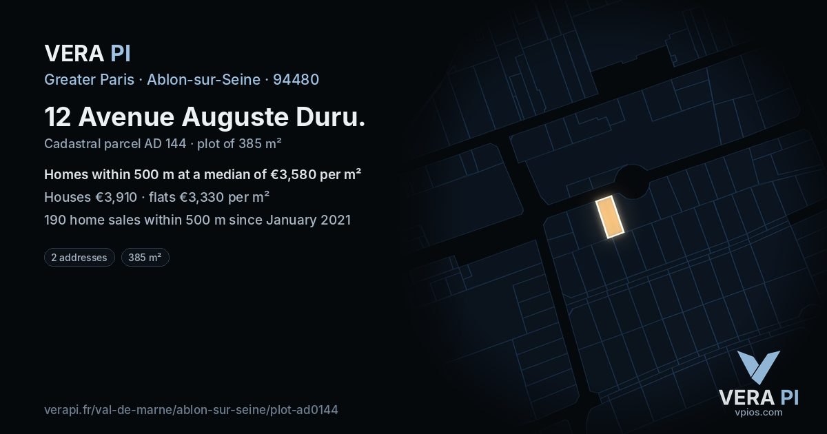 12 Avenue Auguste Duru, Ablon-sur-Seine at night – the plot lit, the parcels around coloured by the prices near them