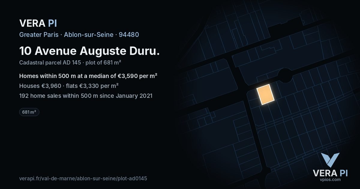 10 Avenue Auguste Duru, Ablon-sur-Seine at night – the plot lit, the parcels around coloured by the prices near them
