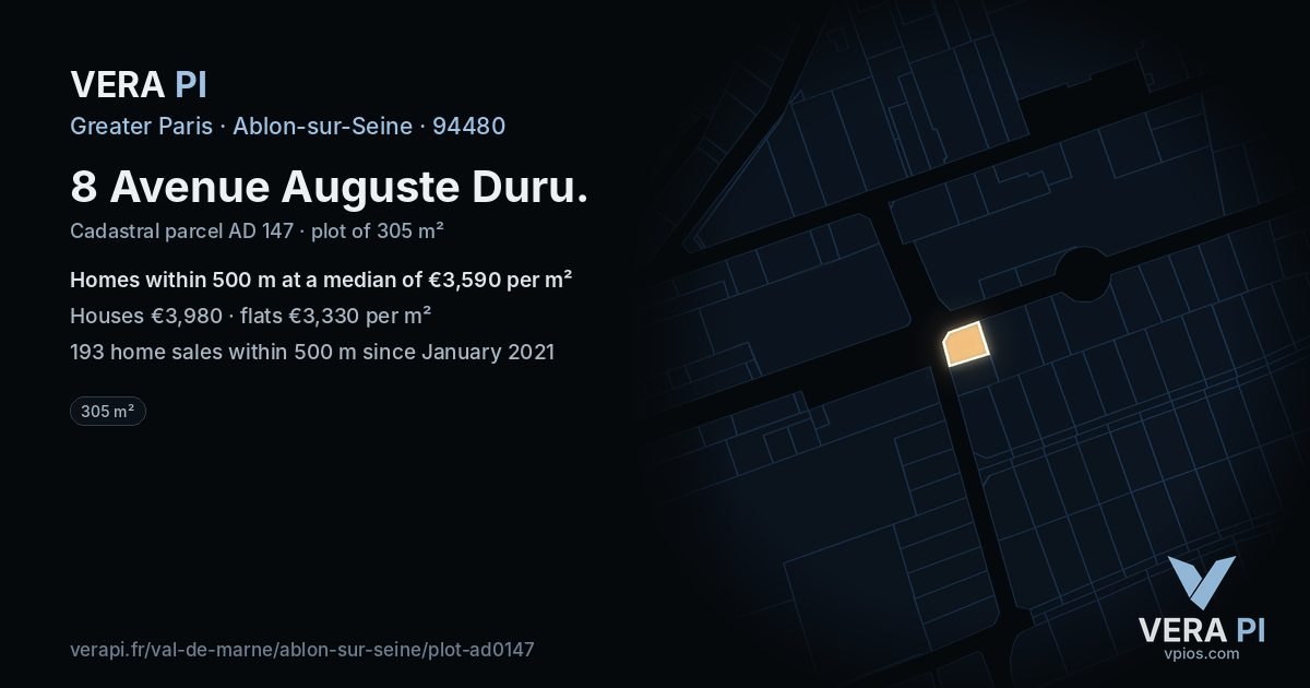 8 Avenue Auguste Duru, Ablon-sur-Seine at night – the plot lit, the parcels around coloured by the prices near them