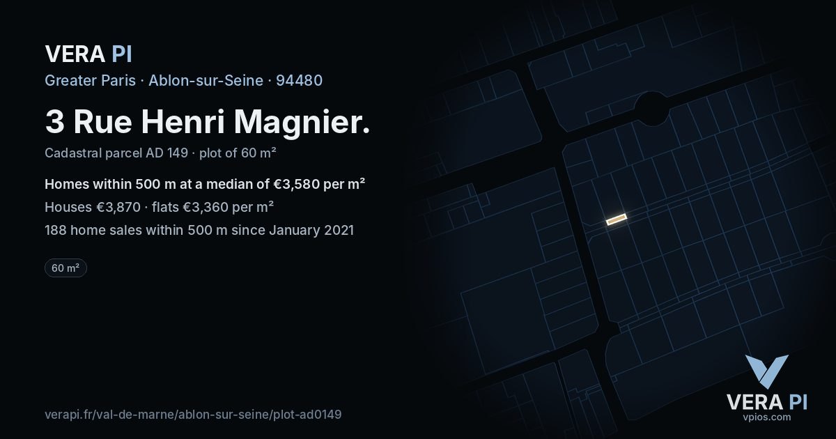 3 Rue Henri Magnier, Ablon-sur-Seine at night – the plot lit, the parcels around coloured by the prices near them
