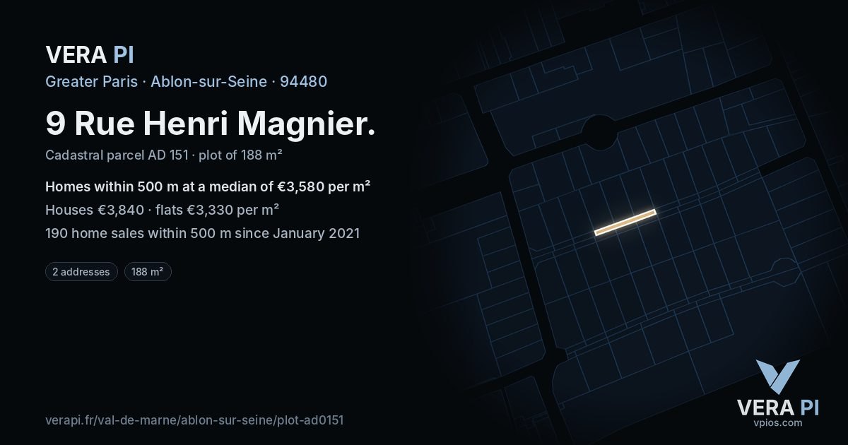 9 Rue Henri Magnier, Ablon-sur-Seine at night – the plot lit, the parcels around coloured by the prices near them