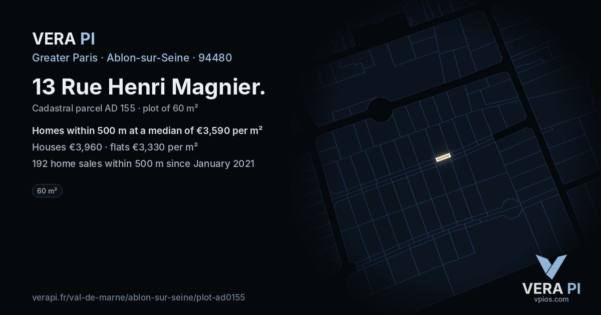 13 Rue Henri Magnier, Ablon-sur-Seine at night – the plot lit, the parcels around coloured by the prices near them