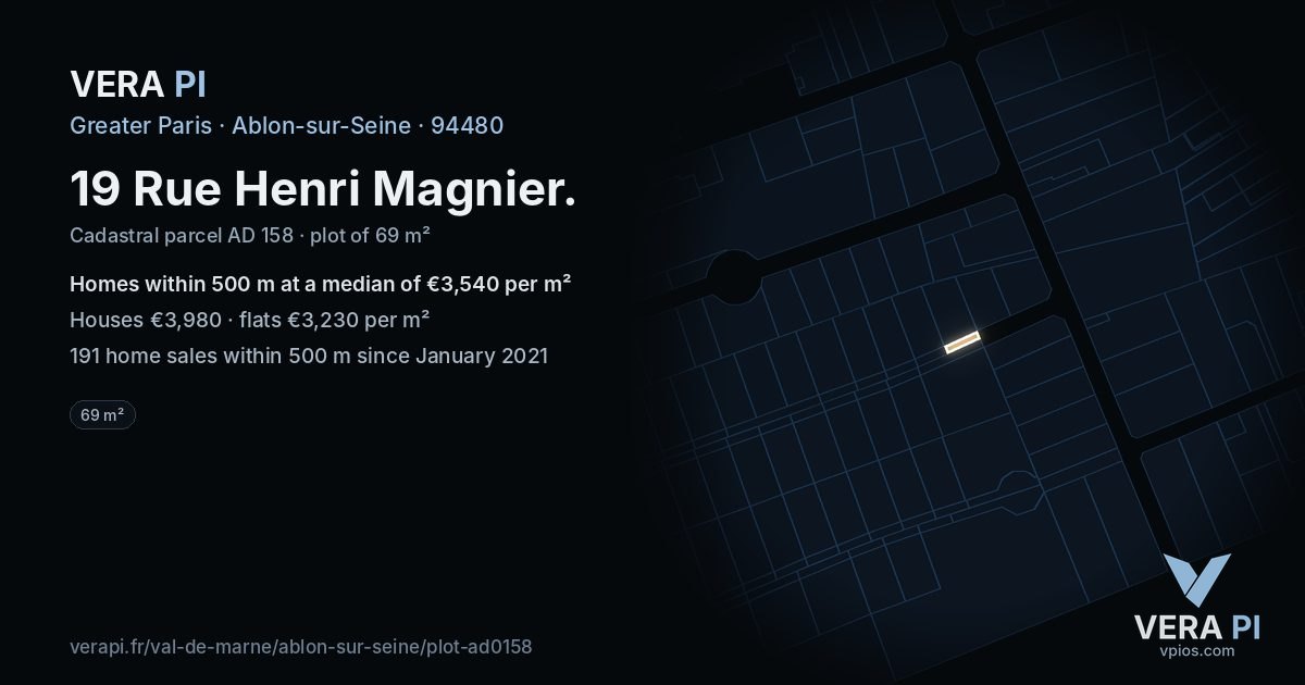 19 Rue Henri Magnier, Ablon-sur-Seine at night – the plot lit, the parcels around coloured by the prices near them