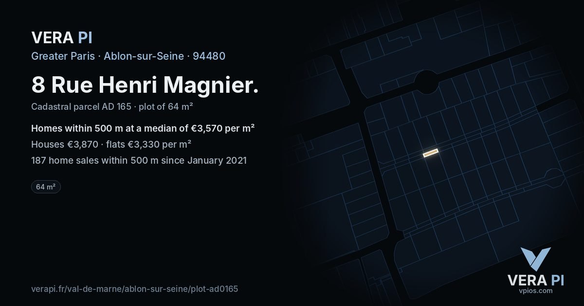 8 Rue Henri Magnier, Ablon-sur-Seine at night – the plot lit, the parcels around coloured by the prices near them