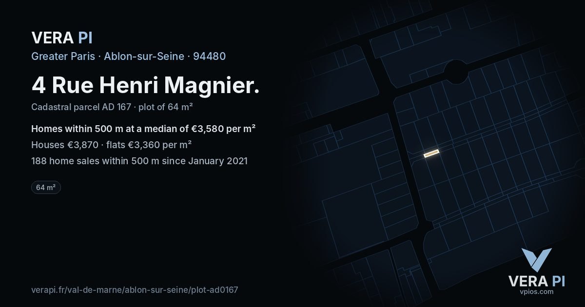 4 Rue Henri Magnier, Ablon-sur-Seine at night – the plot lit, the parcels around coloured by the prices near them