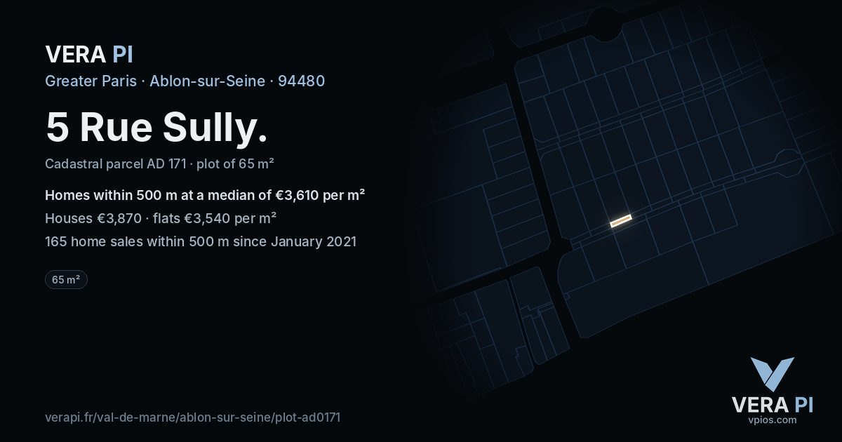 5 Rue Sully, Ablon-sur-Seine at night – the plot lit, the parcels around coloured by the prices near them