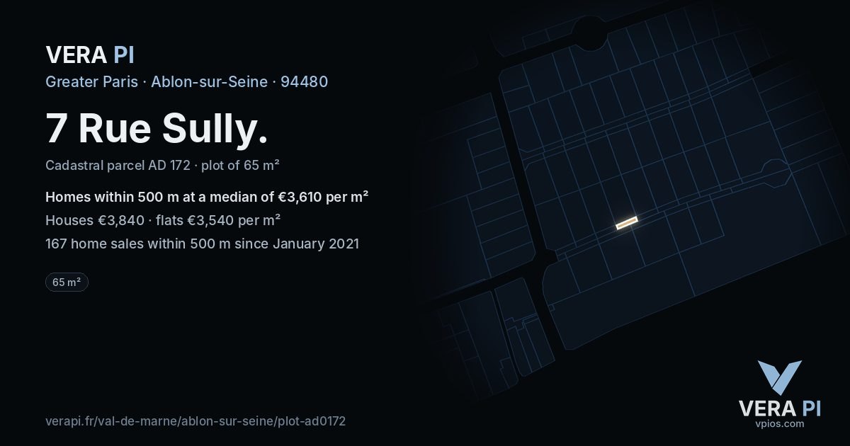 7 Rue Sully, Ablon-sur-Seine at night – the plot lit, the parcels around coloured by the prices near them