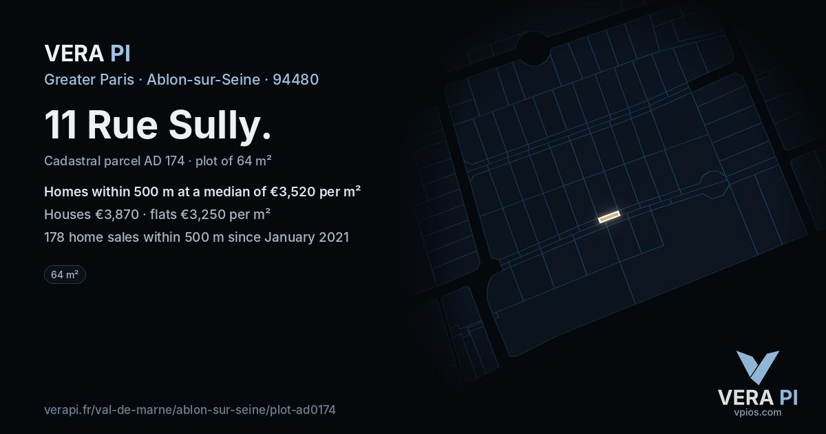 11 Rue Sully, Ablon-sur-Seine at night – the plot lit, the parcels around coloured by the prices near them