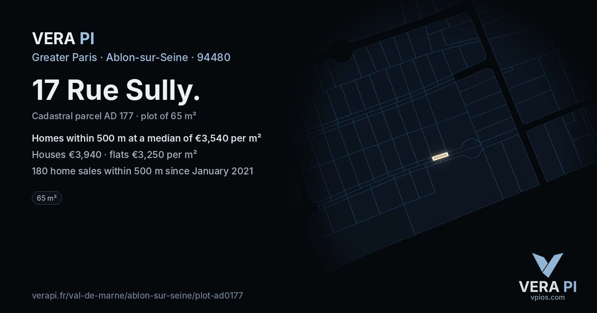 17 Rue Sully, Ablon-sur-Seine at night – the plot lit, the parcels around coloured by the prices near them