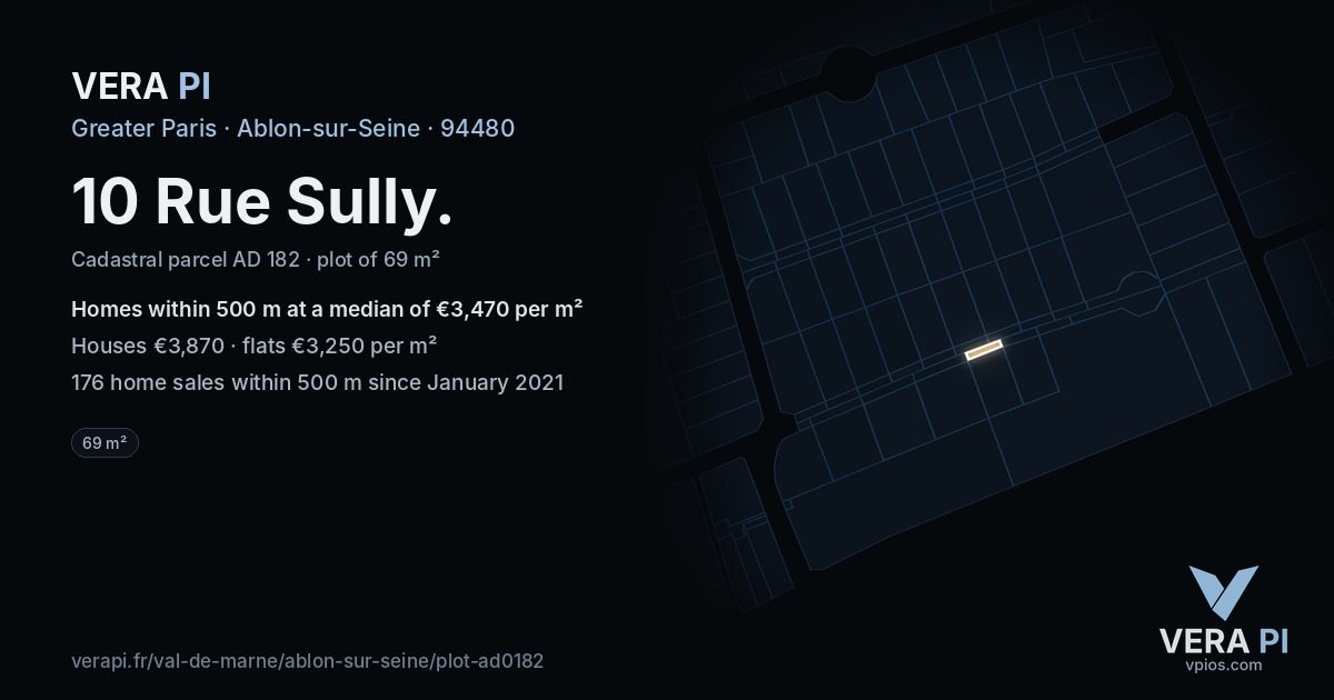 10 Rue Sully, Ablon-sur-Seine at night – the plot lit, the parcels around coloured by the prices near them