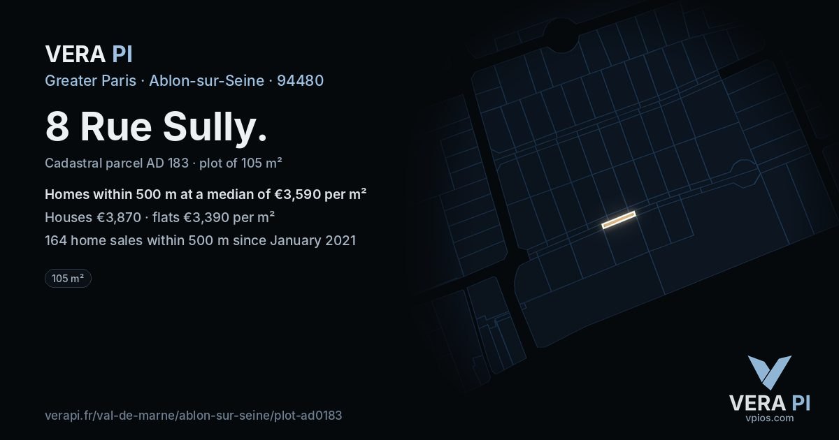 8 Rue Sully, Ablon-sur-Seine at night – the plot lit, the parcels around coloured by the prices near them