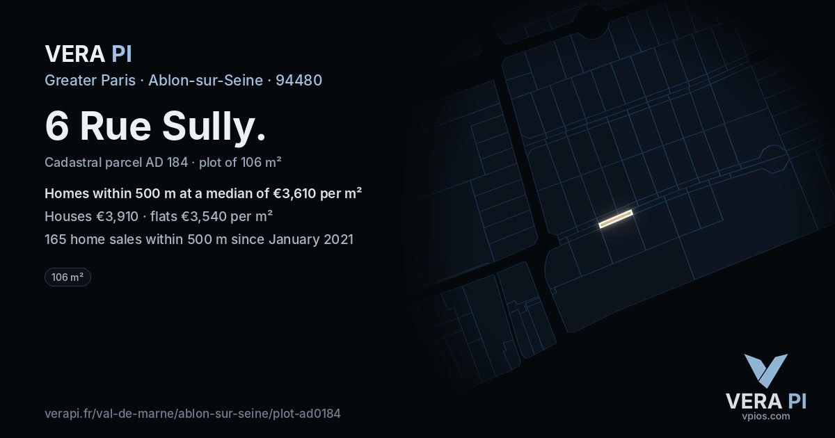 6 Rue Sully, Ablon-sur-Seine at night – the plot lit, the parcels around coloured by the prices near them