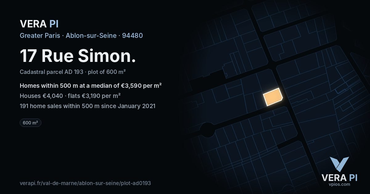 17 Rue Simon, Ablon-sur-Seine at night – the plot lit, the parcels around coloured by the prices near them