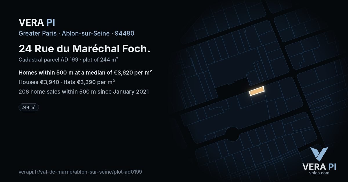 24 Rue du Maréchal Foch, Ablon-sur-Seine at night – the plot lit, the parcels around coloured by the prices near them