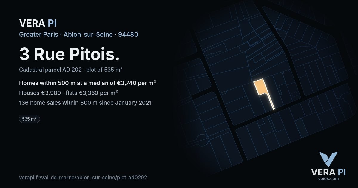 3 Rue Pitois, Ablon-sur-Seine at night – the plot lit, the parcels around coloured by the prices near them