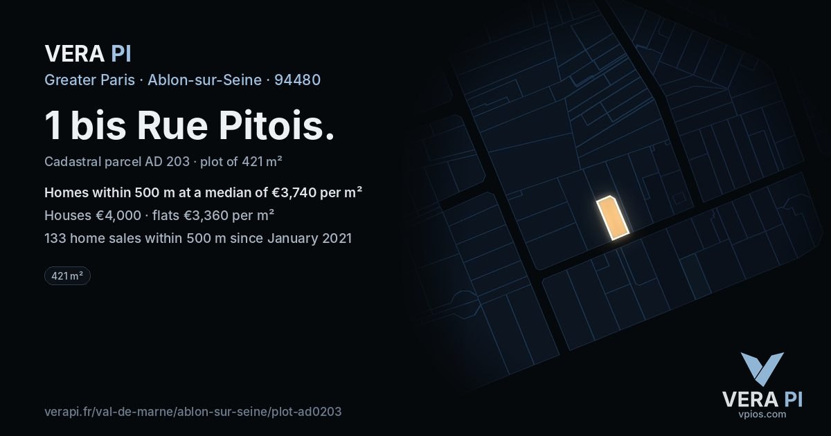 1 bis Rue Pitois, Ablon-sur-Seine at night – the plot lit, the parcels around coloured by the prices near them