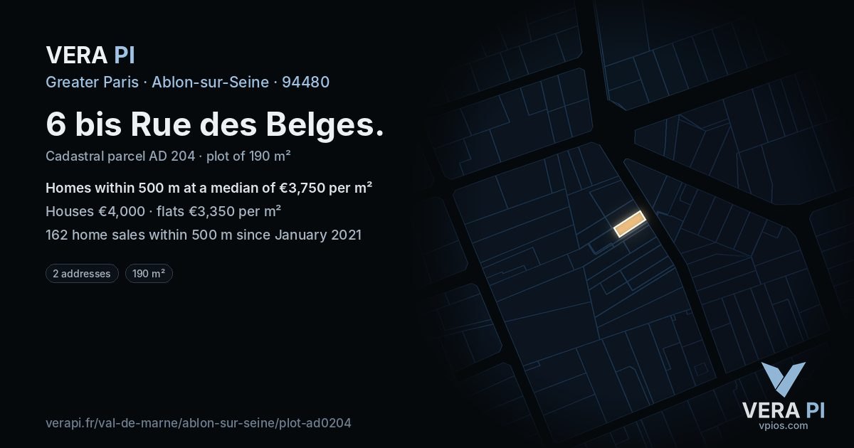 6 bis Rue des Belges, Ablon-sur-Seine at night – the plot lit, the parcels around coloured by the prices near them