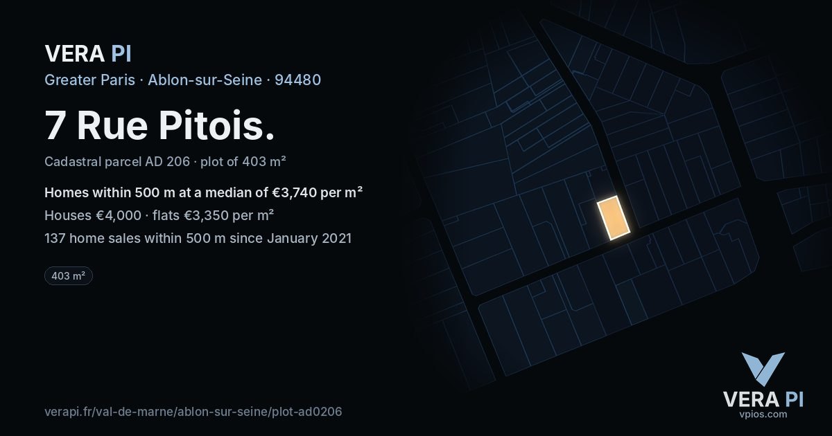 7 Rue Pitois, Ablon-sur-Seine at night – the plot lit, the parcels around coloured by the prices near them