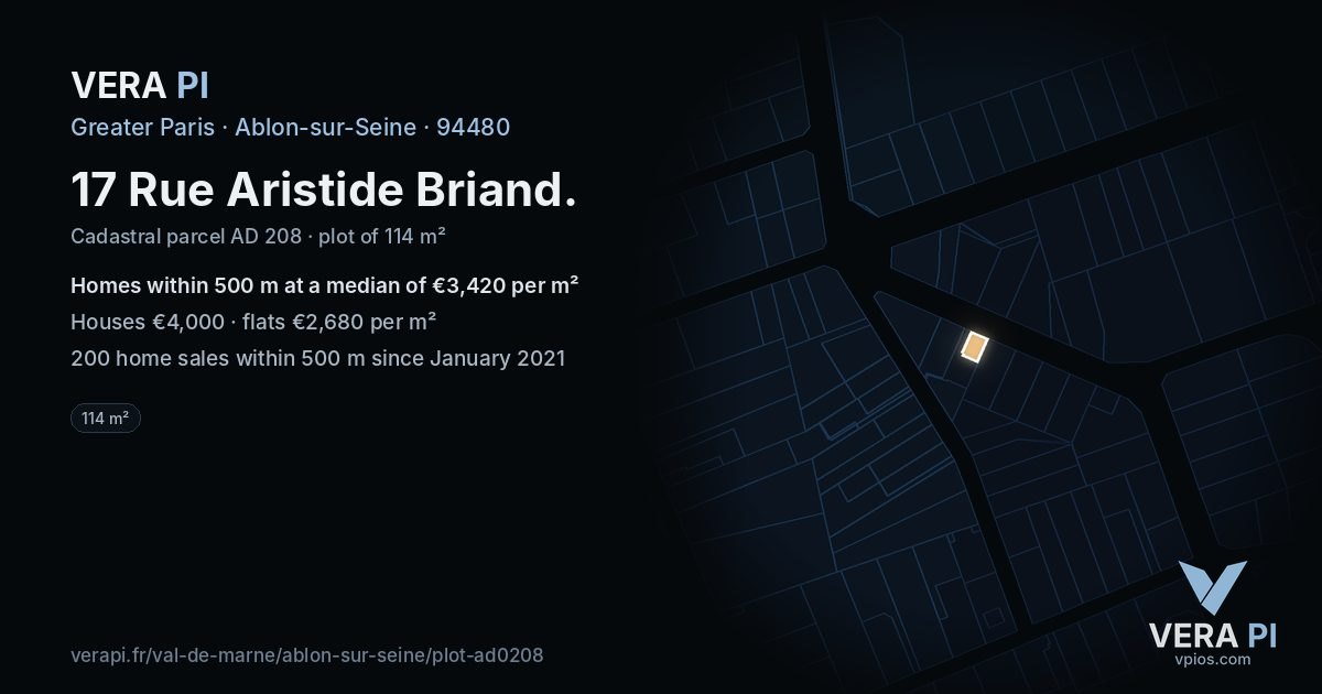 17 Rue Aristide Briand, Ablon-sur-Seine at night – the plot lit, the parcels around coloured by the prices near them