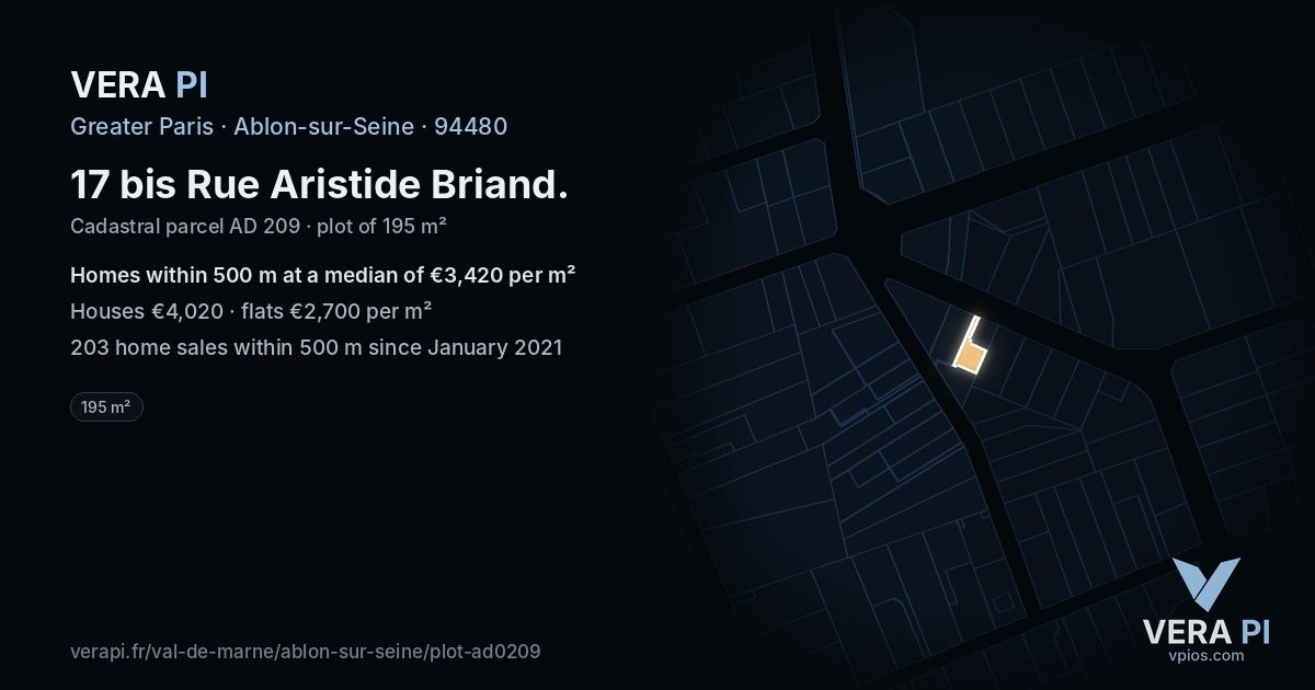 17 bis Rue Aristide Briand, Ablon-sur-Seine at night – the plot lit, the parcels around coloured by the prices near them