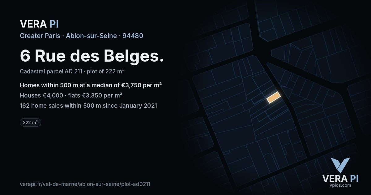 6 Rue des Belges, Ablon-sur-Seine at night – the plot lit, the parcels around coloured by the prices near them