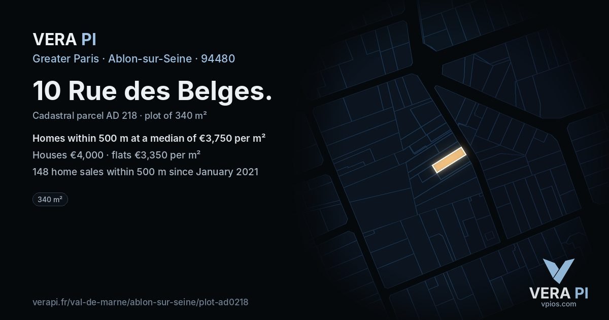 10 Rue des Belges, Ablon-sur-Seine at night – the plot lit, the parcels around coloured by the prices near them